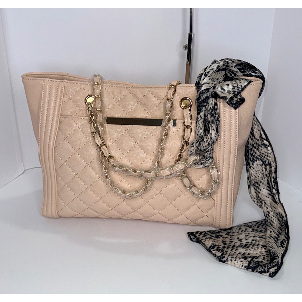 Aldo Quilted Tote Shoulder Bag‎ Large Blush Pink Chain Strap Scarf Accent Boho